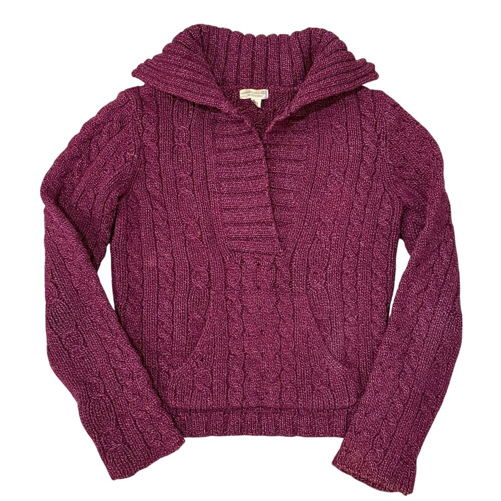 American Eagle Women's Collar Knit Sweater Maroon Cotton Fisherman Pocket Large